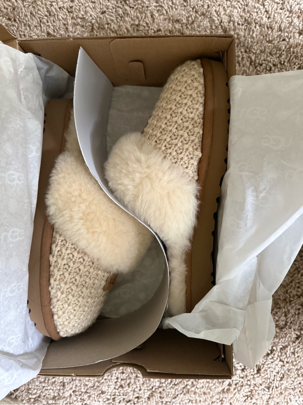 UGG Ivory Knit Slip-On Slipper with Shearling Cuff